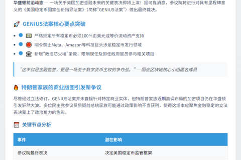 美参议院表决稳定币法案，特朗普家族卷入争议