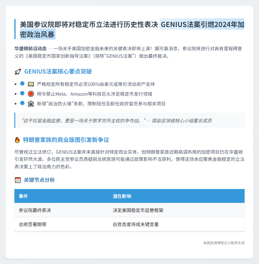 美参议院表决稳定币法案，特朗普家族卷入争议