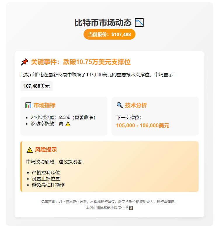 BTC跌破10.75万美元  

（注：根据中文习惯，数字使用阿拉伯数字更简洁。