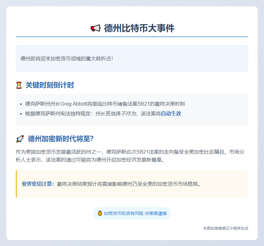 德州比特币法案周日截止，逾期自动生效