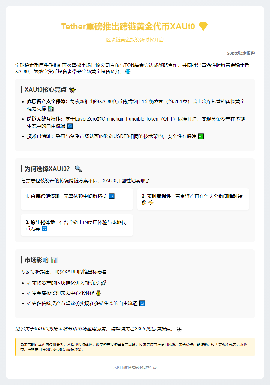 Tether推出TON链黄金稳定币XAUt