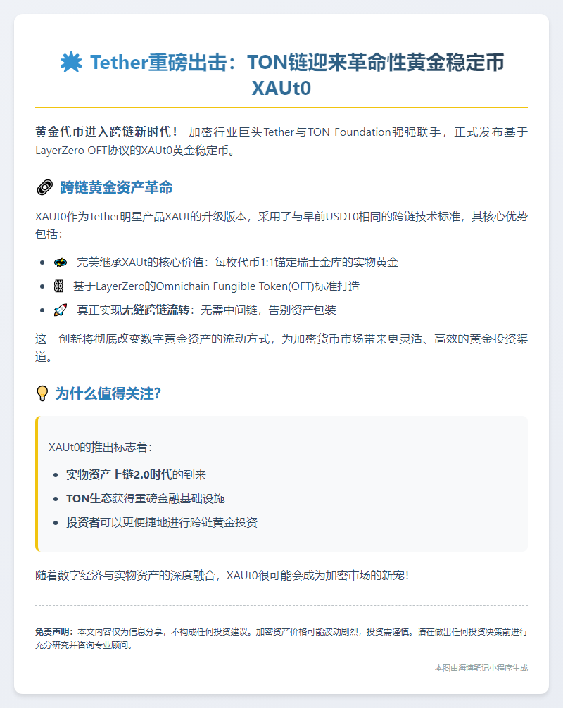 Tether推出TON链黄金稳定币XAUt