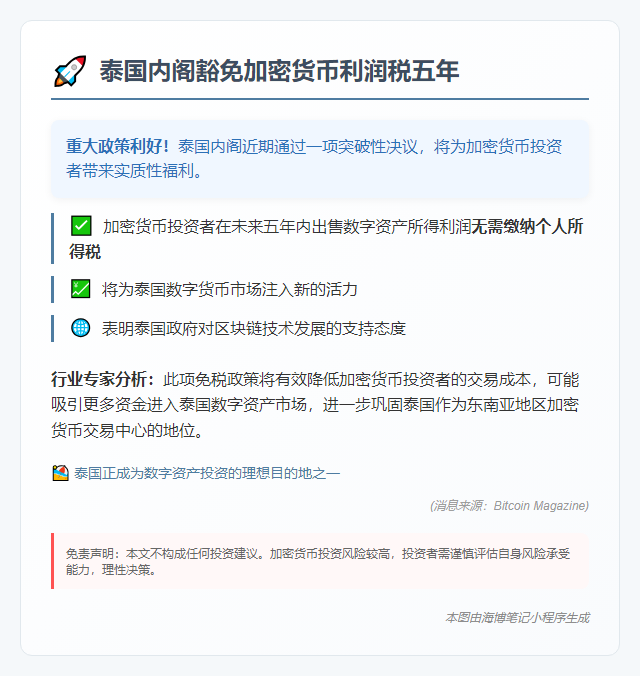 泰国内阁豁免加密货币利润税五年