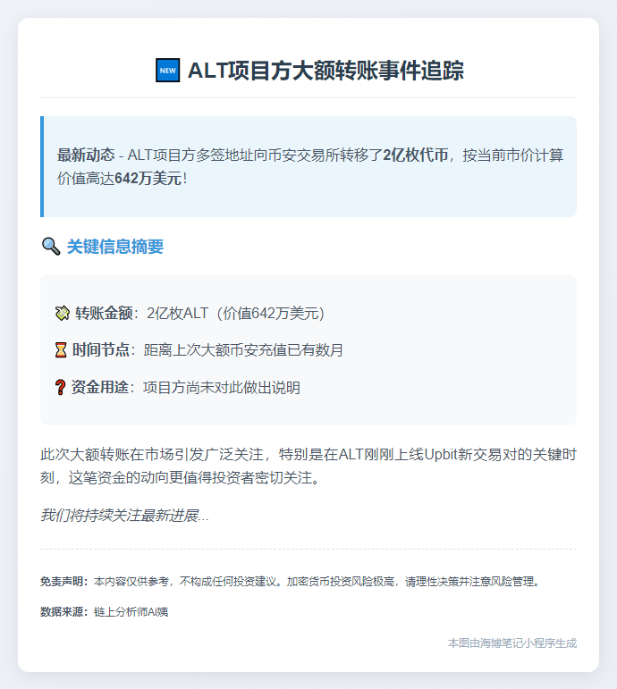 2亿ALT代币一小时前转入币安