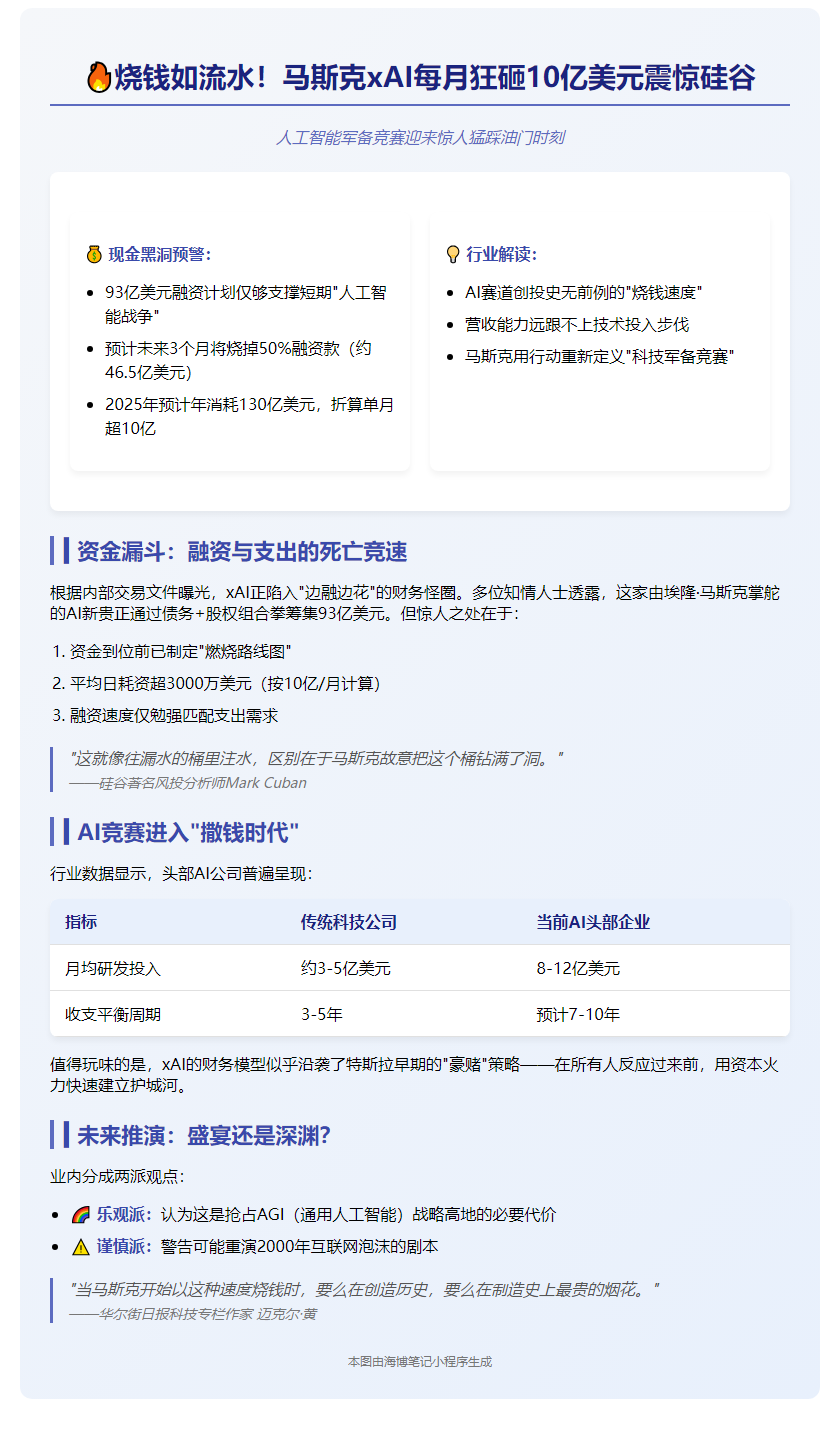 "xAI月烧10亿，马斯克筹资不敌烧钱速度"