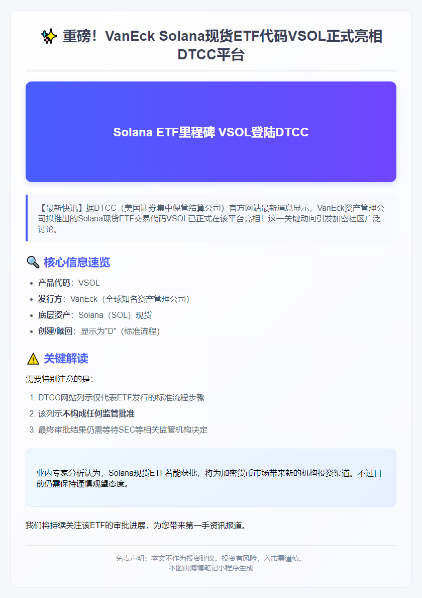 VanEck SOL现货ETF代码VSOL上线DTCC