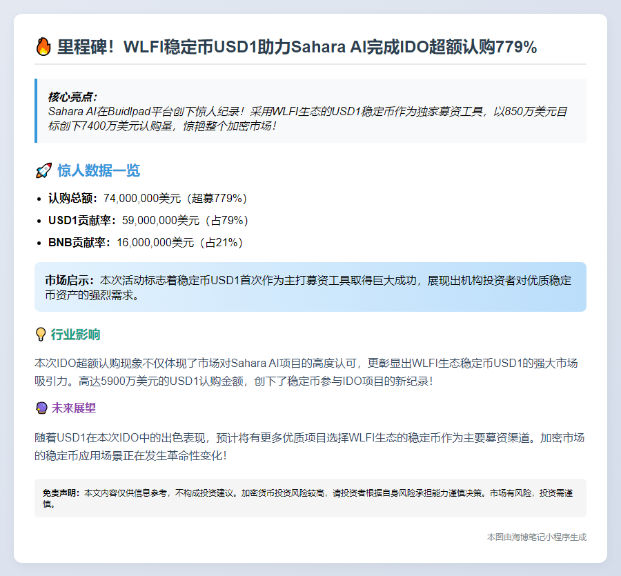 USD1首发助推Sahara AI超额完成IDO