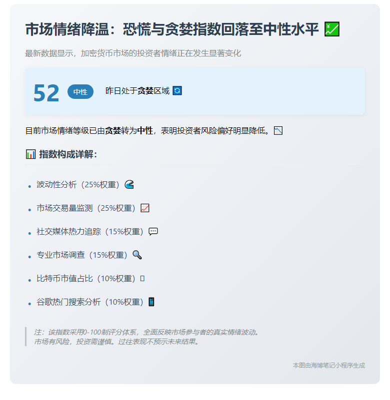 恐慌贪婪指数降至52 由贪婪转中性