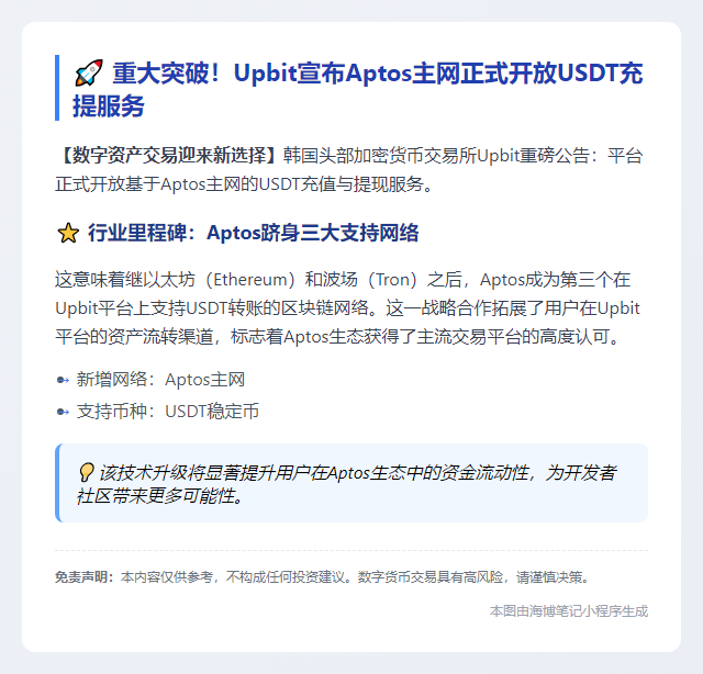 Upbit支持USDT于Aptos主网充提