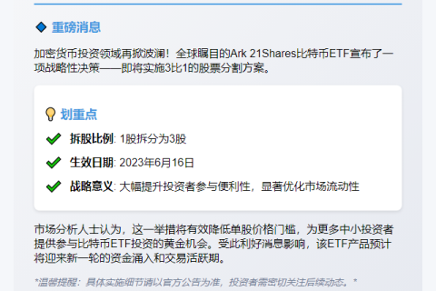 Ark 21比特币ETF宣布3:1拆股
