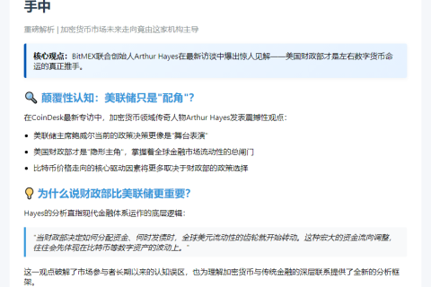 Arthur Hayes：财政部主导比特币未来，非美联储