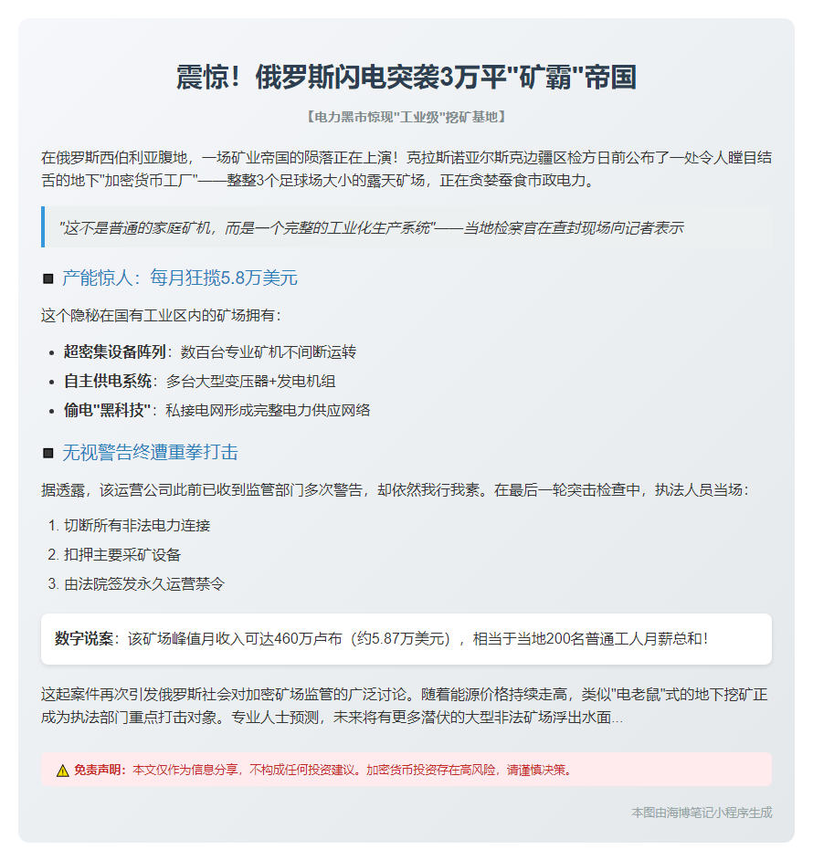 俄查封3万平米矿场 月赚6万刀