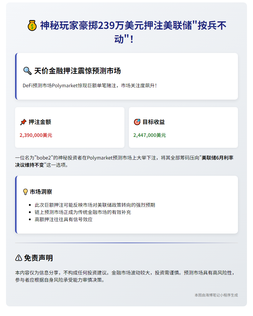 "Polymarket用户押239万美元赌美联储6月按兵不动"