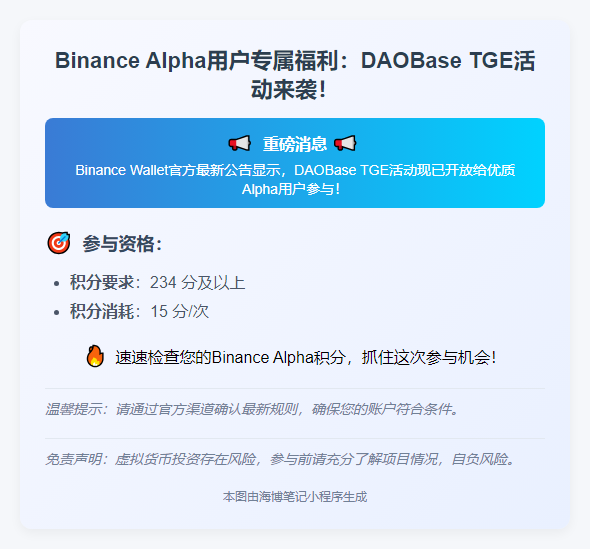 "Binance Alpha用户：15积分抢DAOBase TGE名额"