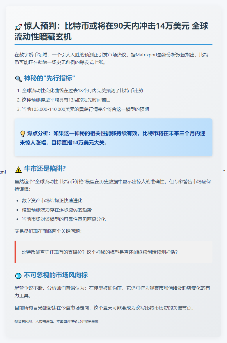 Matrixport预测比特币或涨至14万美元，模型待验证