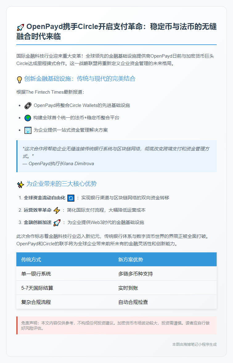 OpenPayd携手Circle实现稳定币法币融合