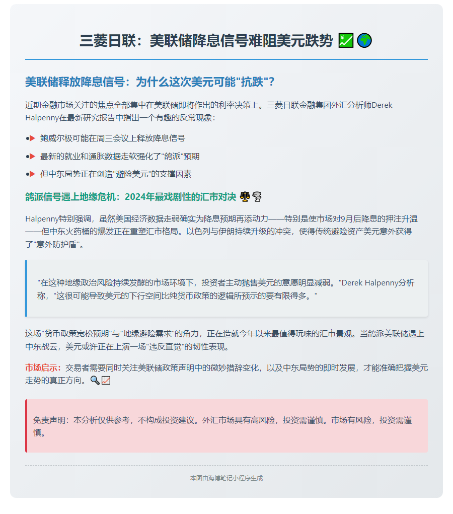 "三菱日联：美联储降息信号难阻美元跌势"