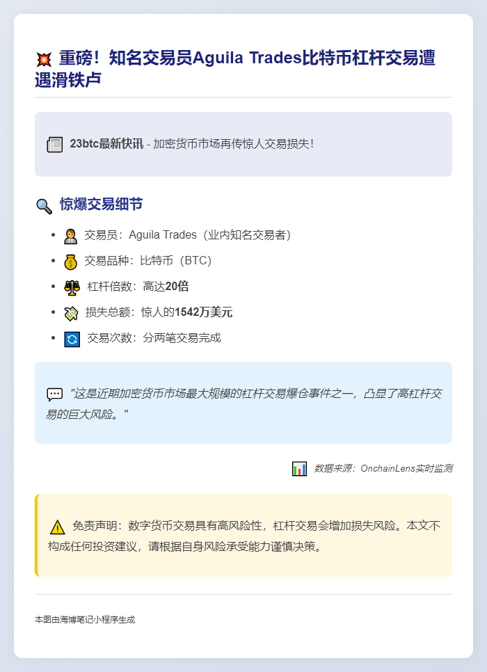 "Aguila Trades清仓比特币多单亏损1542万美元"