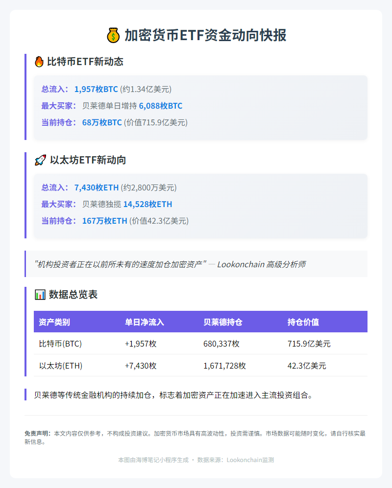 美比特币ETF流入1957枚，以太坊ETF进账7430枚