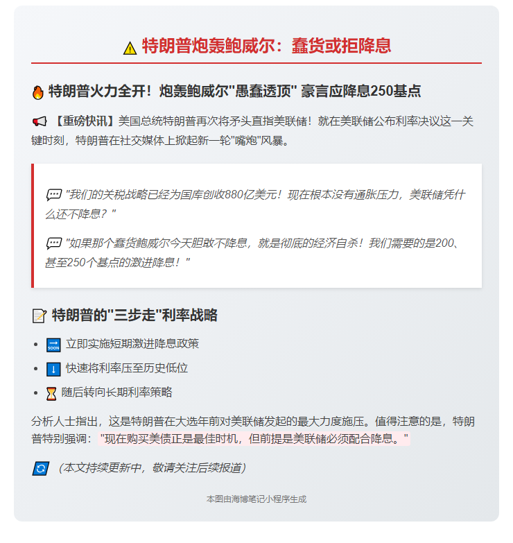 特朗普炮轰鲍威尔：蠢货或拒降息