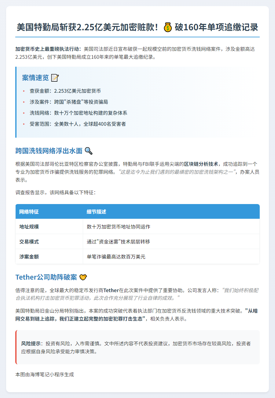 美没收2.25亿加密诈骗资产创纪录