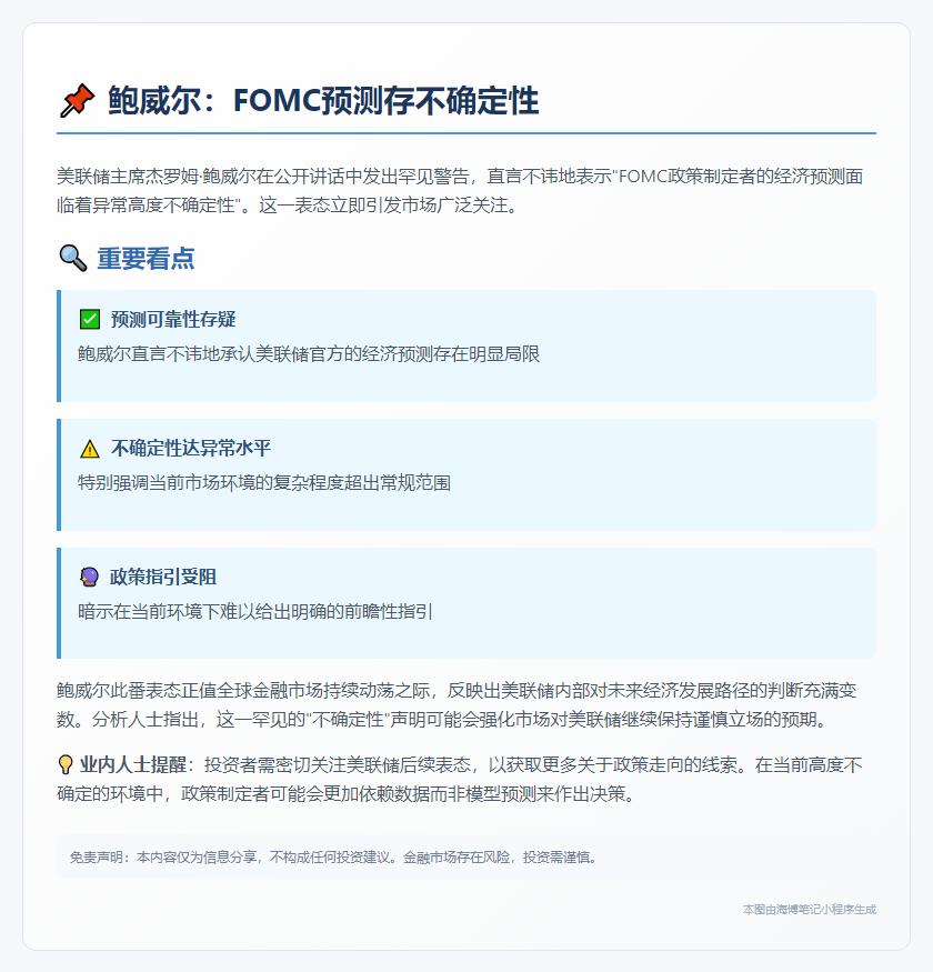 鲍威尔：FOMC预测存不确定性