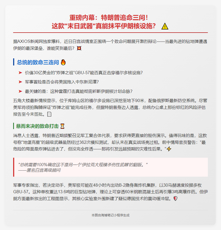 特朗普质疑钻地弹能否摧毁伊朗核设施