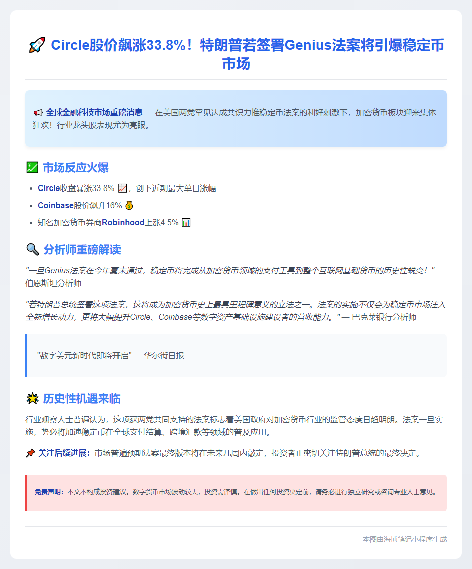 Circle飙升34%，特朗普签法案或促稳定币爆发