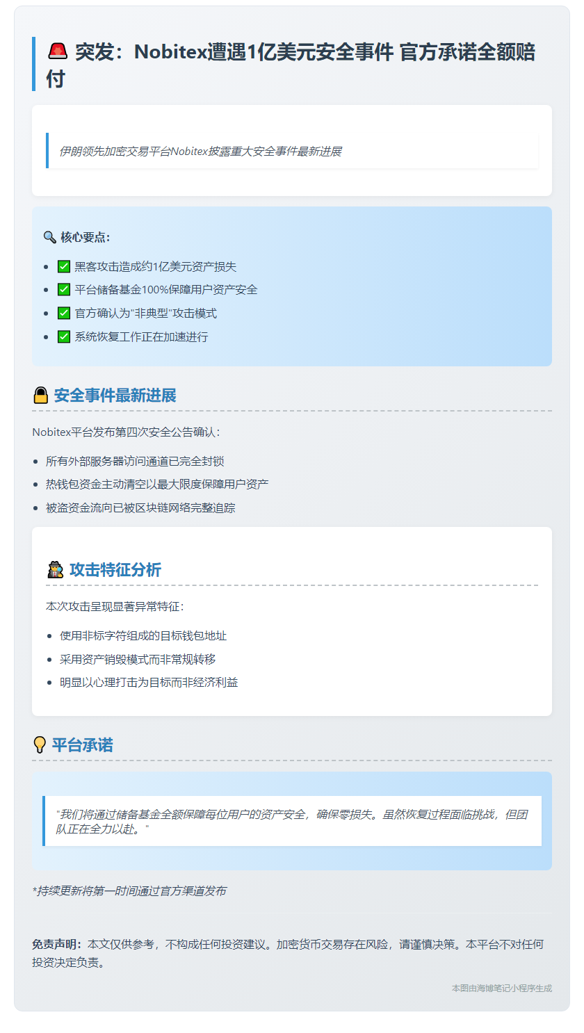 "Nobitex遭窃，用户损失1亿美元由储备金全额赔付"