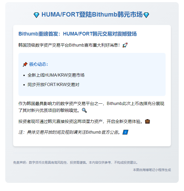 HUMA、FORT登陆Bithumb韩元市场