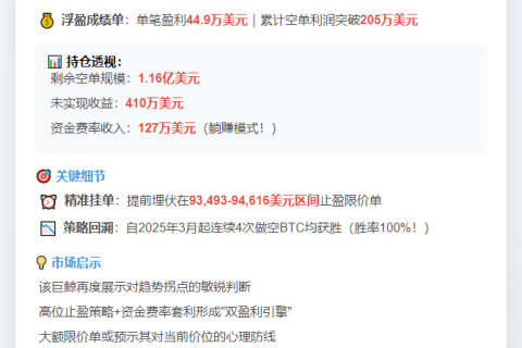 巨鲸凌晨BTC平仓105枚，赚45万美元
