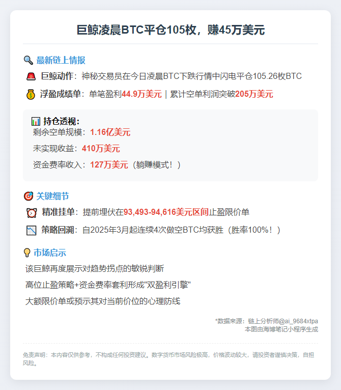 巨鲸凌晨BTC平仓105枚，赚45万美元