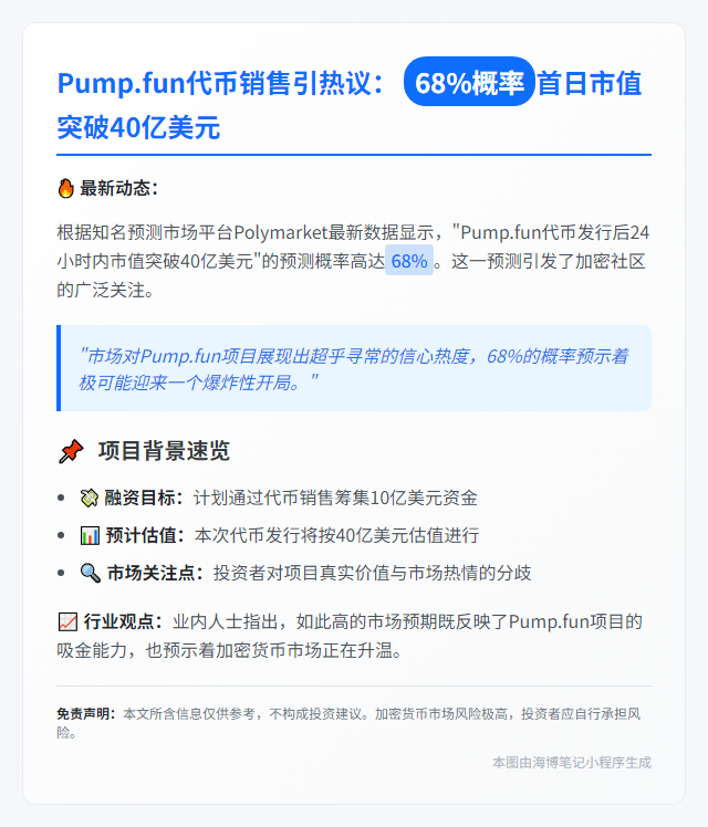 "Polymarket预测：Pump.fun市值超40亿概率68%"