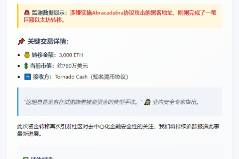 黑客转移3000枚ETH至Tornado Cash