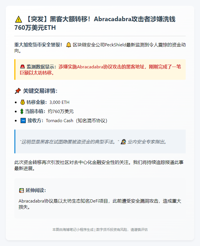 黑客转移3000枚ETH至Tornado Cash