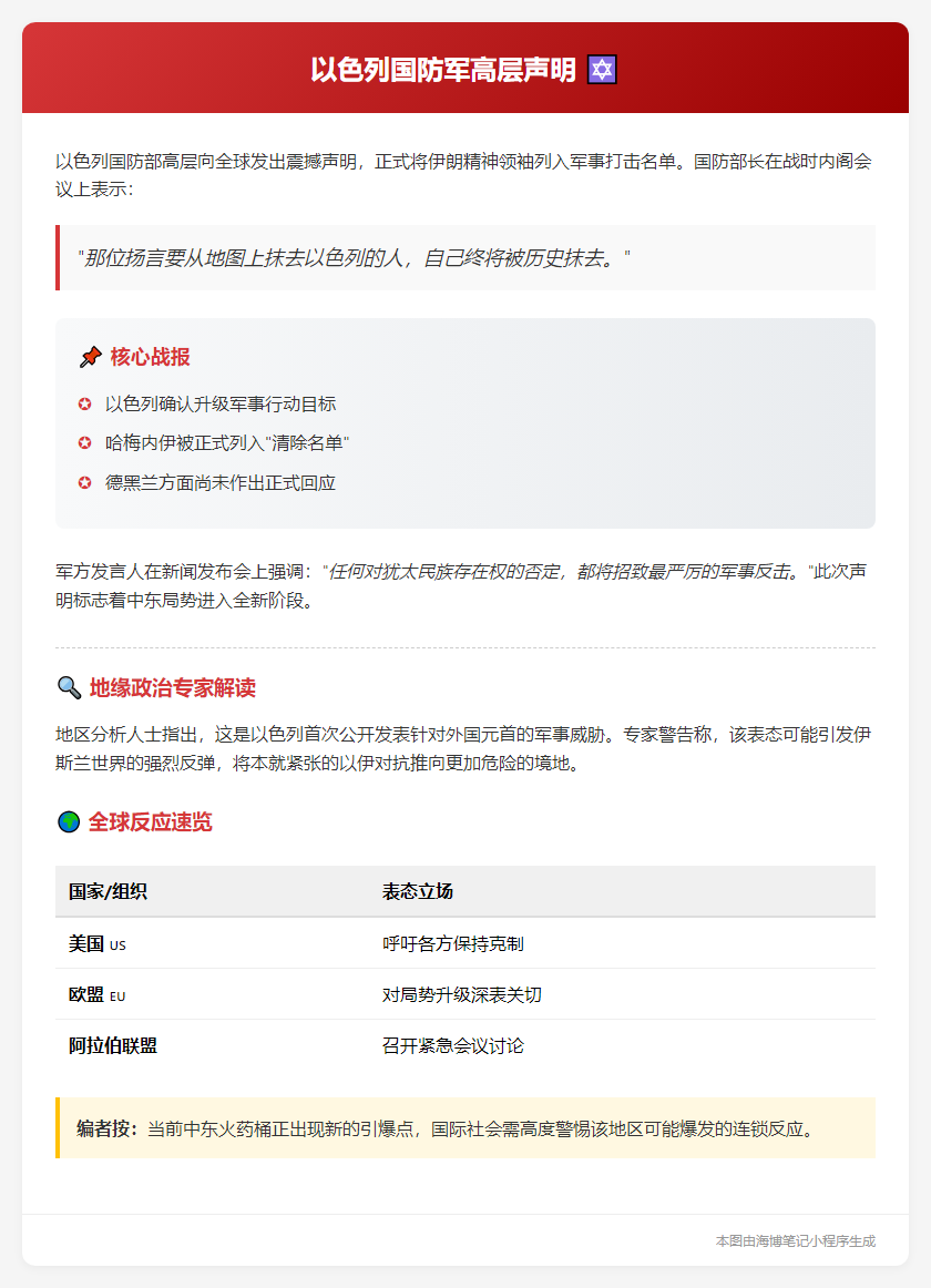以国防部长：行动目标包括消灭哈梅内伊