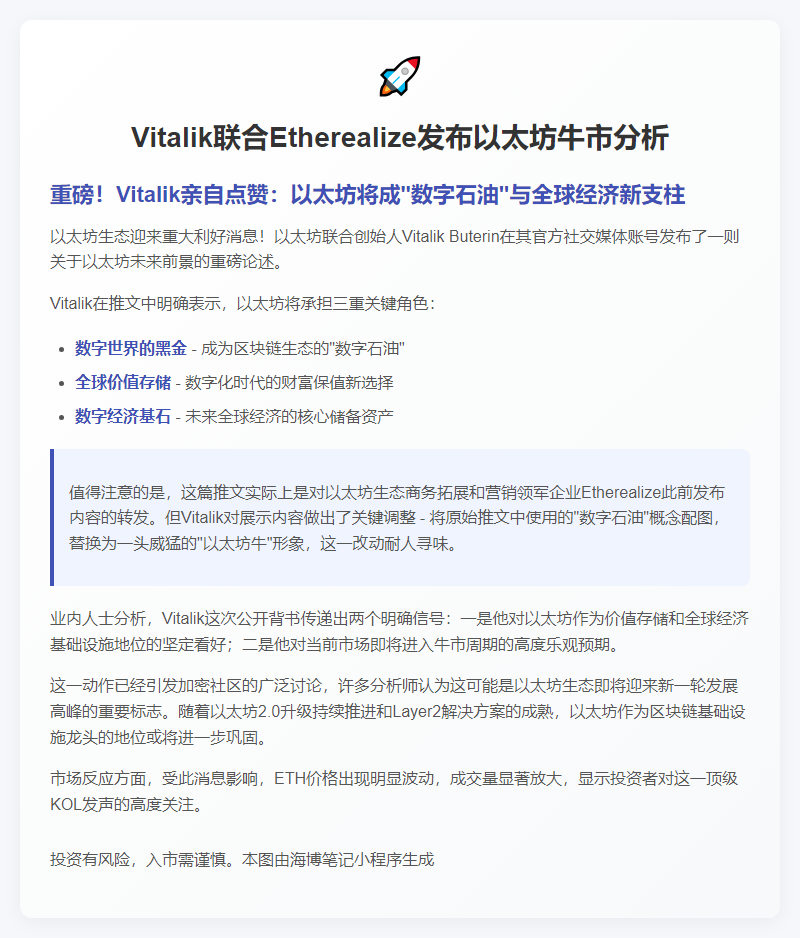 Vitalik联合Etherealize发布以太坊牛市分析