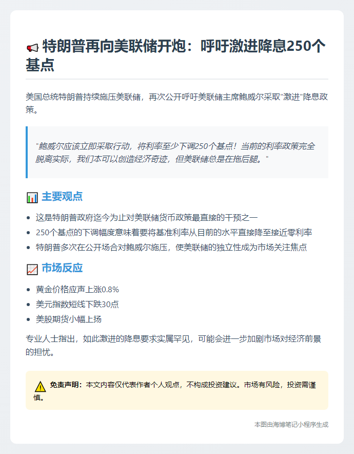 "特朗普：美联储应降息250基点"