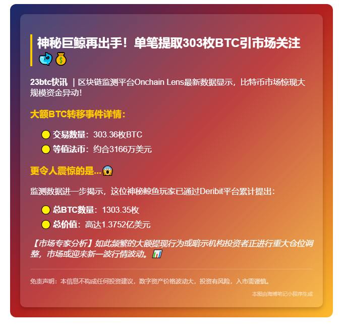鲸鱼6小时提303枚BTC