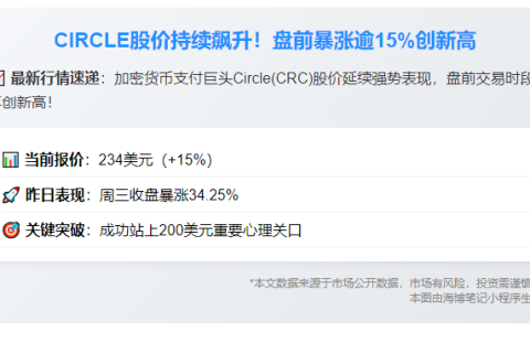 **Circle盘前大涨15%至234美元**