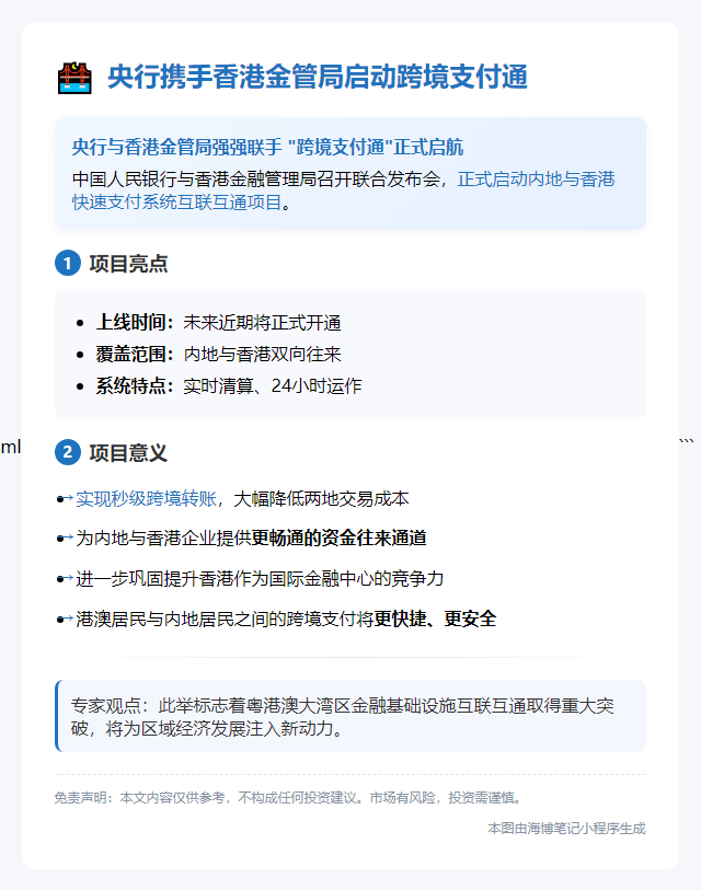 央行携手香港金管局启动跨境支付通