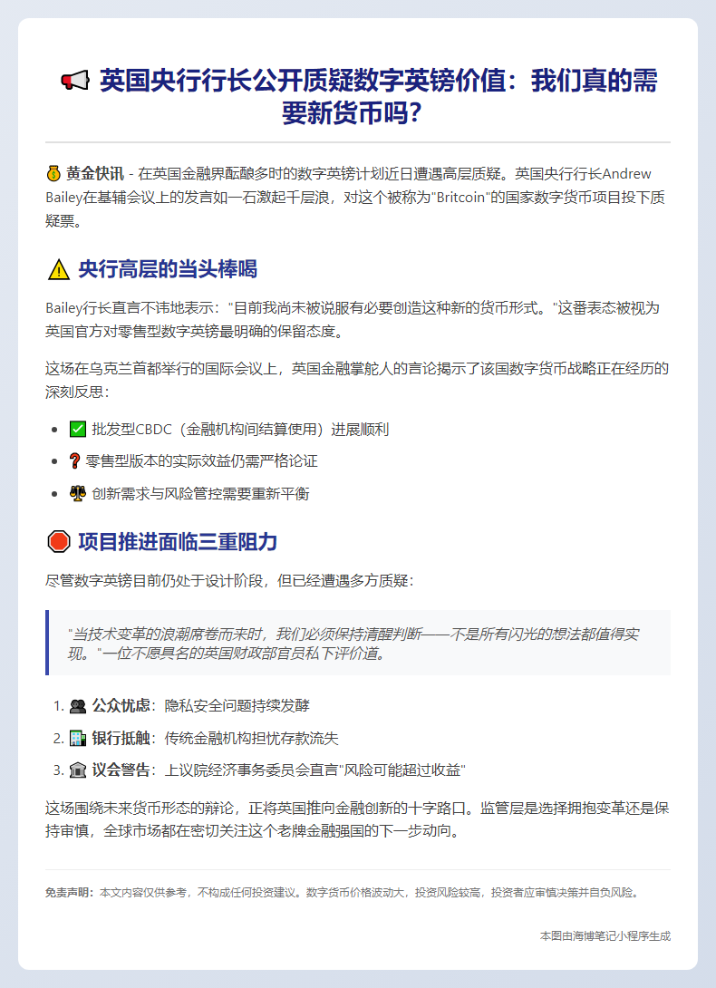 央行行长质疑数字英镑可行性