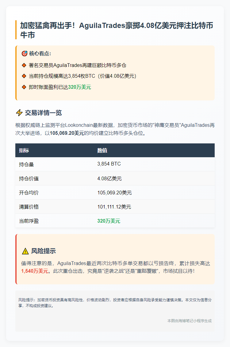 AguilaTrades加仓比特币浮盈320万
