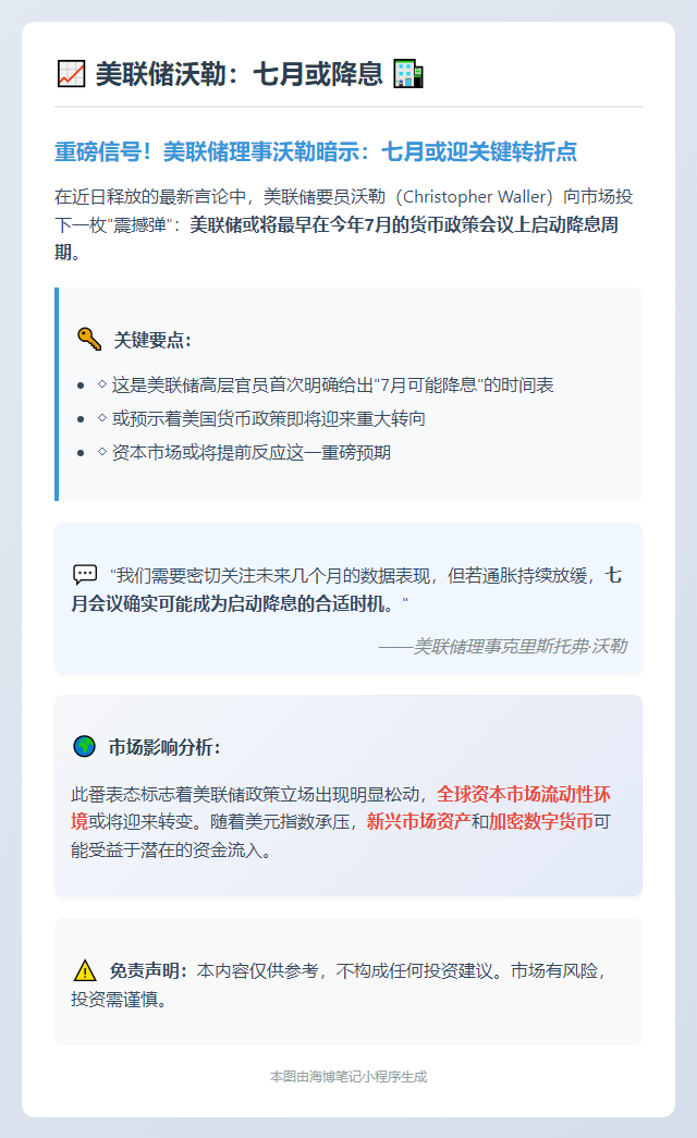 美联储沃勒：七月或降息