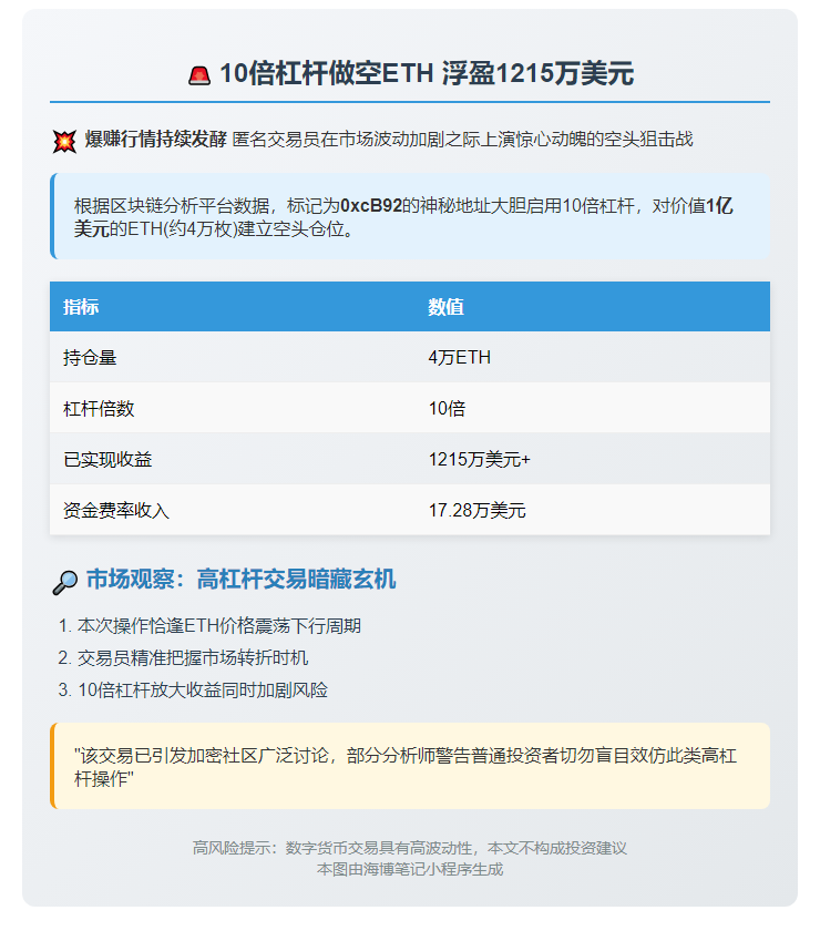 交易员10倍杠杆做空ETH，浮盈1215万美元