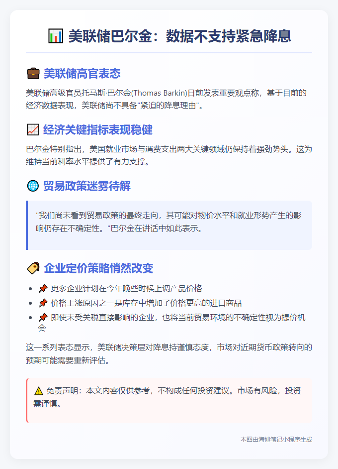 美联储巴尔金：数据不支持紧急降息