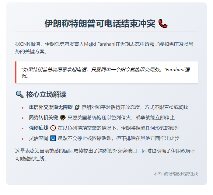 标题：伊朗称特朗普可电话结束冲突
