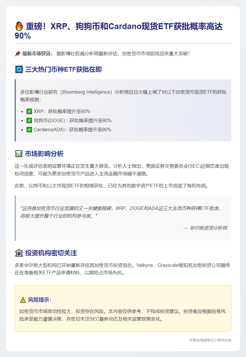 分析师称XRP、狗狗币、Cardano ETF获批概率达90%