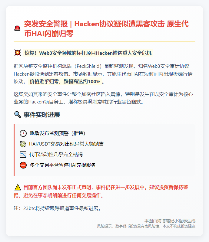 Hacken疑遭攻击，HAI暴跌100%