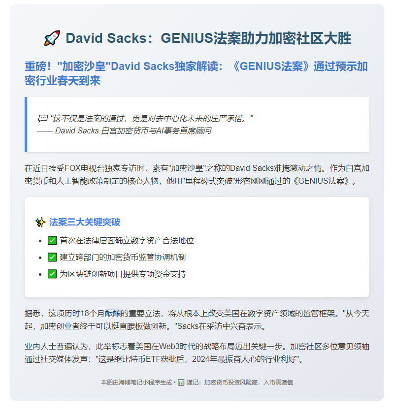David Sacks：GENIUS法案助力加密社区大胜